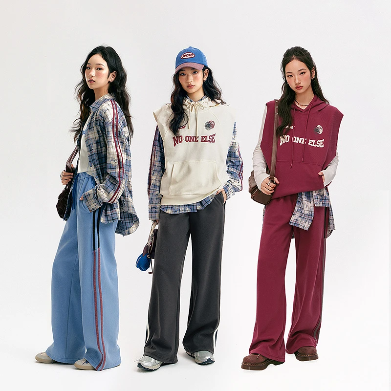 NO ONE ELSE美式复古女装运动女装秋季松紧腰字母绣花长裤抽绳阔