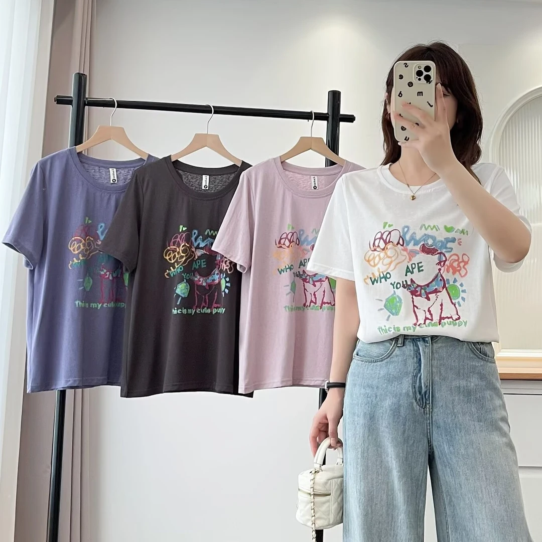 梦冬佳--110-190斤大码女装夏季卡通印花雪花棉遮肚子显瘦短袖T恤