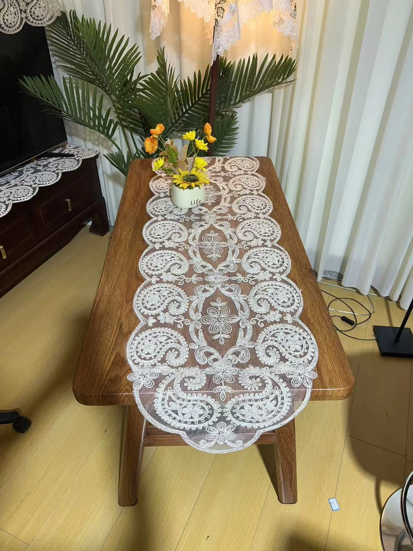 ZN084-205粗绳绣【44*145】麻本色非遗半手工粗绳绣桌布茶几盖巾