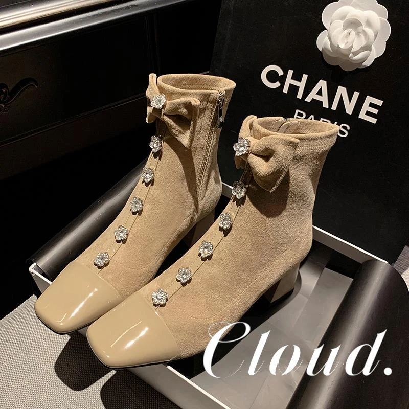 法式弹力瘦瘦靴短靴女方头绒面花朵水钻蝴蝶结粗高跟鞋小香风袜靴