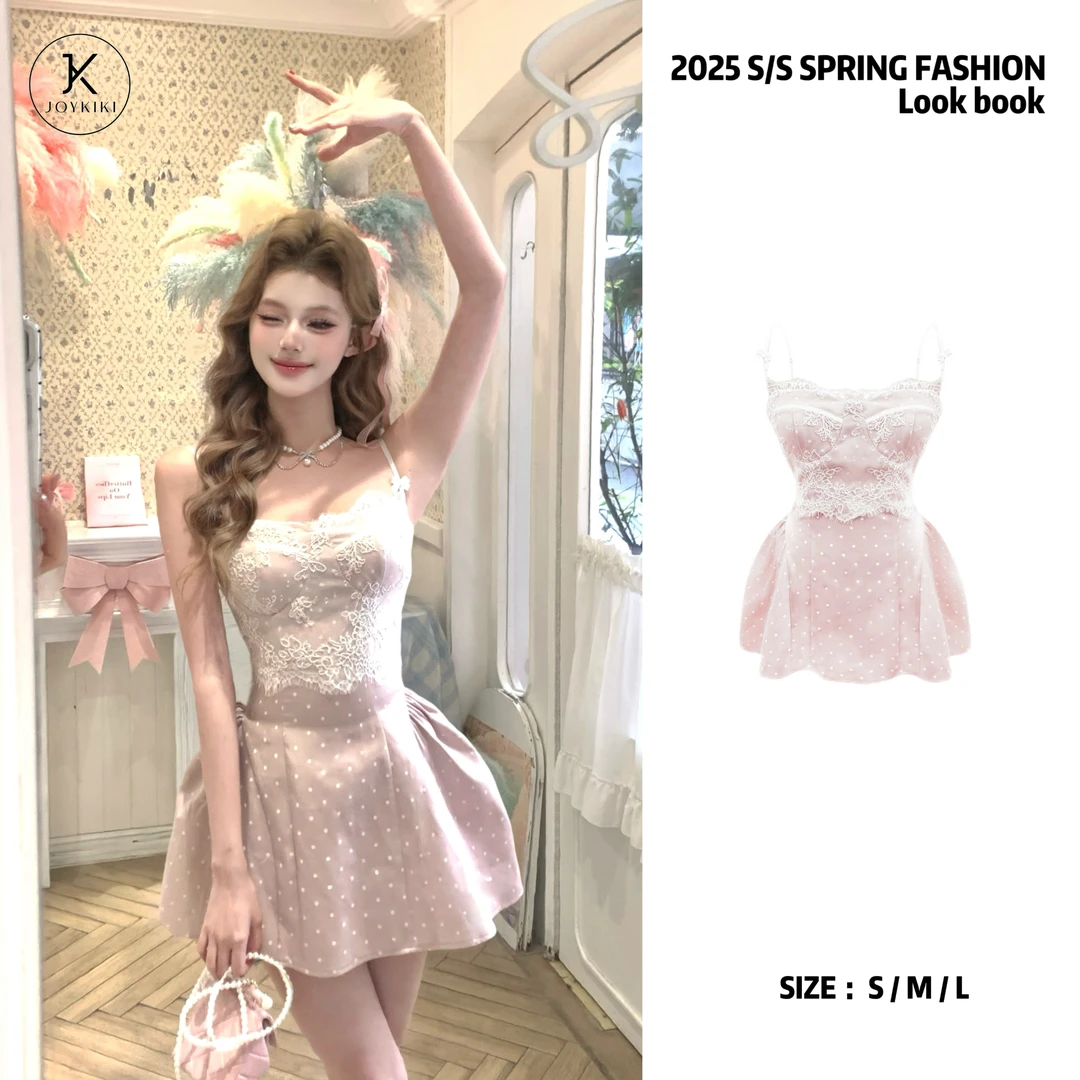 JOYKIKI金金【在逃公主】春季纯欲气质蕾丝拼接波点连衣裙J25A292