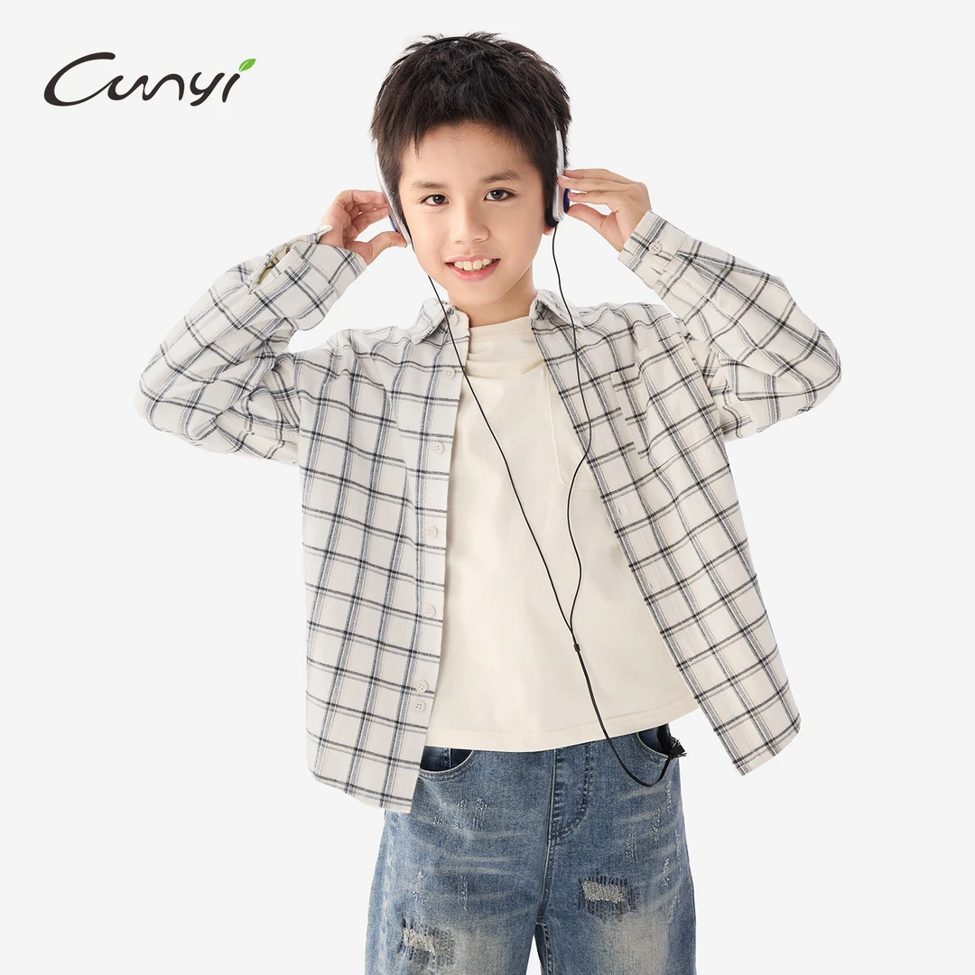 纯一良品童装儿童长袖格纹衬衫2025秋季新款中大童学院风保暖外套