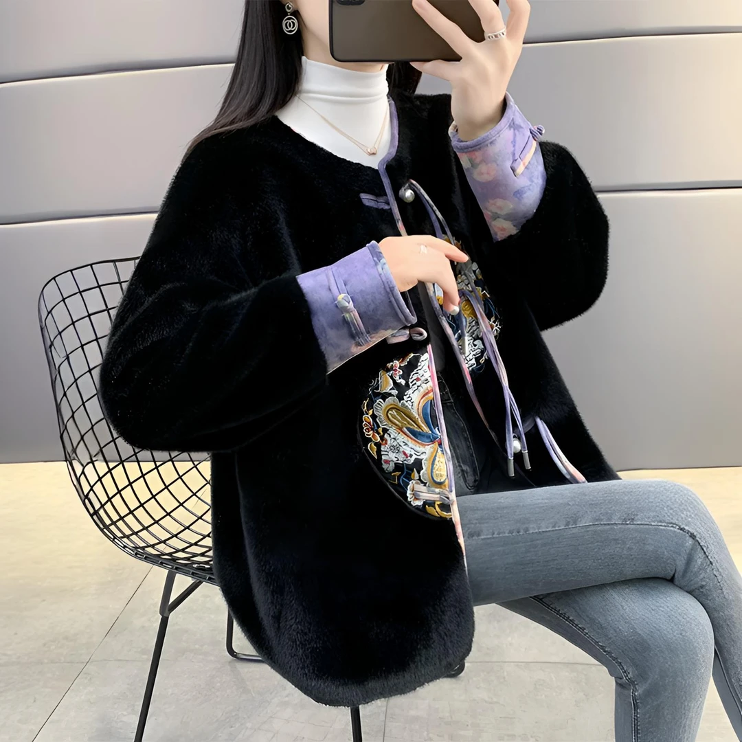 2024时尚新款殴貂绒皮毛一体宽松国风洋气时髦加厚女士外套F012