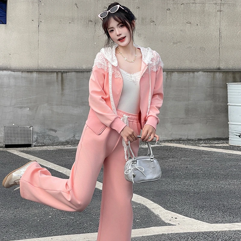 新款运动套装女士春季新款洋气减龄蕾丝拼接连帽上衣阔腿裤两件套