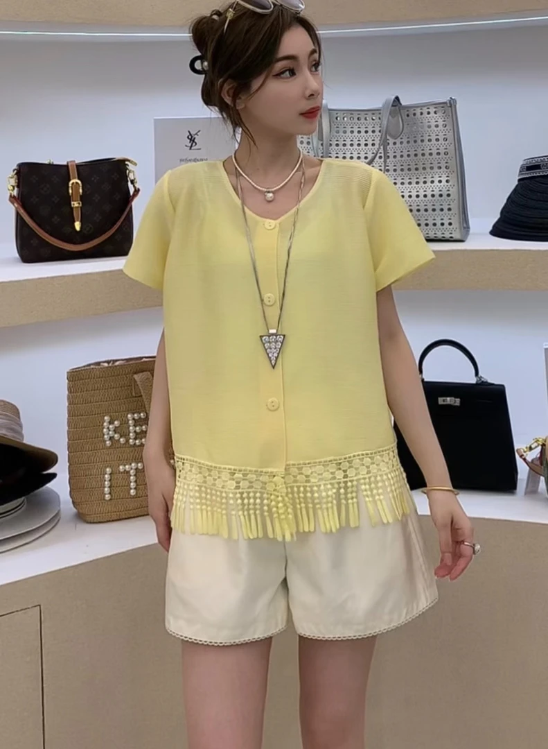 Q2076见详情短袖通勤流苏常规褶皱T恤春夏不规则夏装洋气