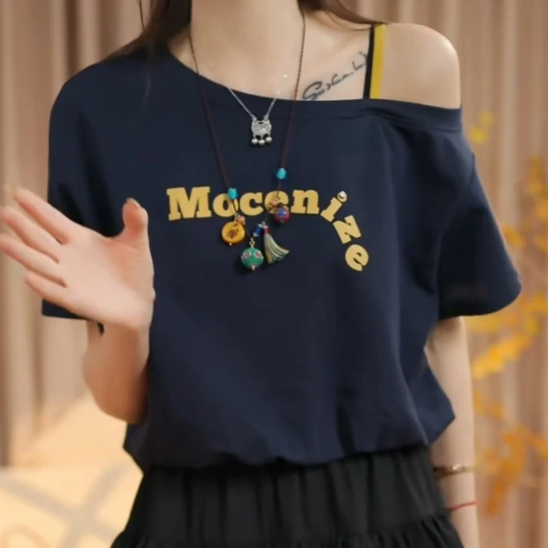 露肩设计时尚百搭减龄显瘦独特斜肩短袖t恤LK2504772