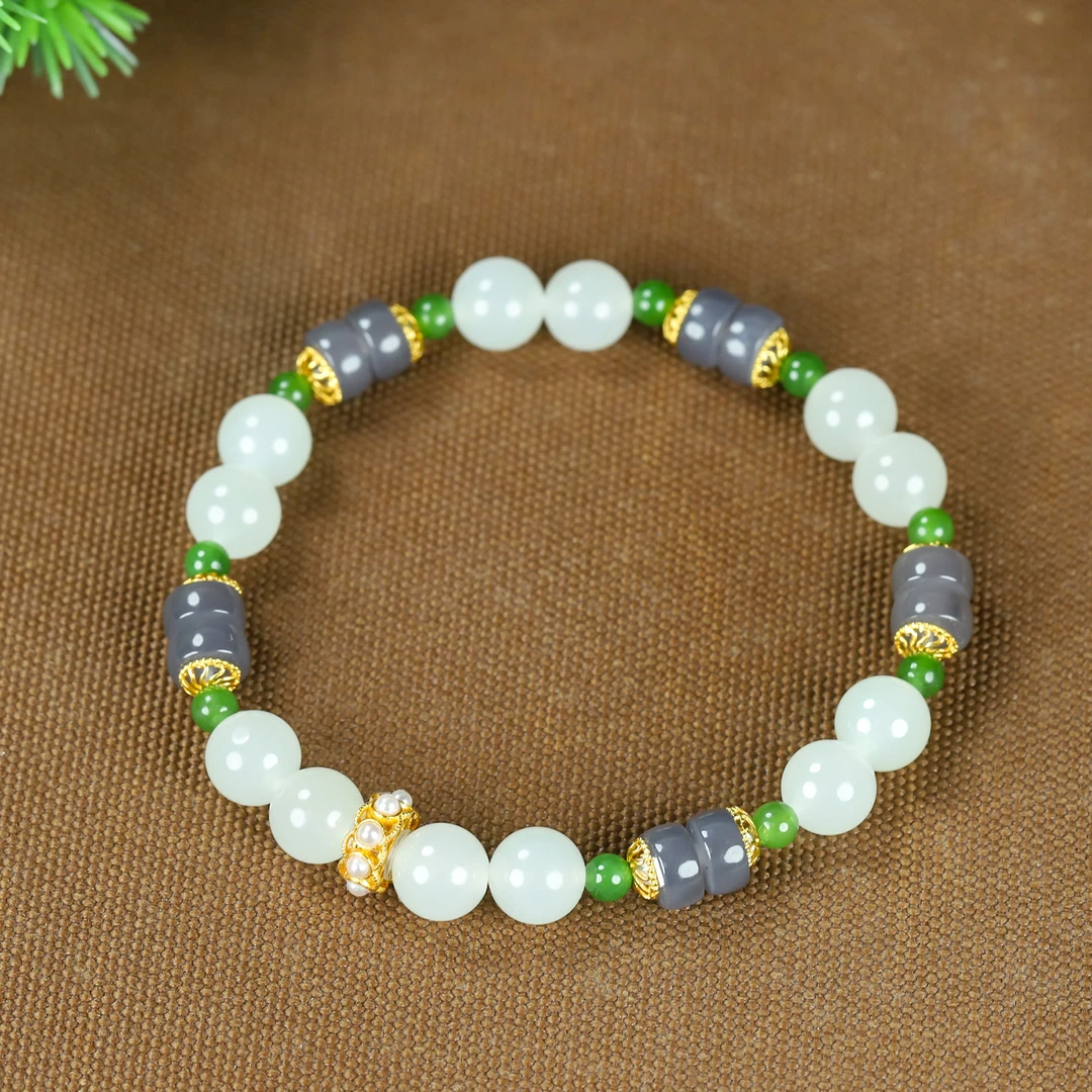 和田玉冰白烟紫多宝手串SL179多样性发其一