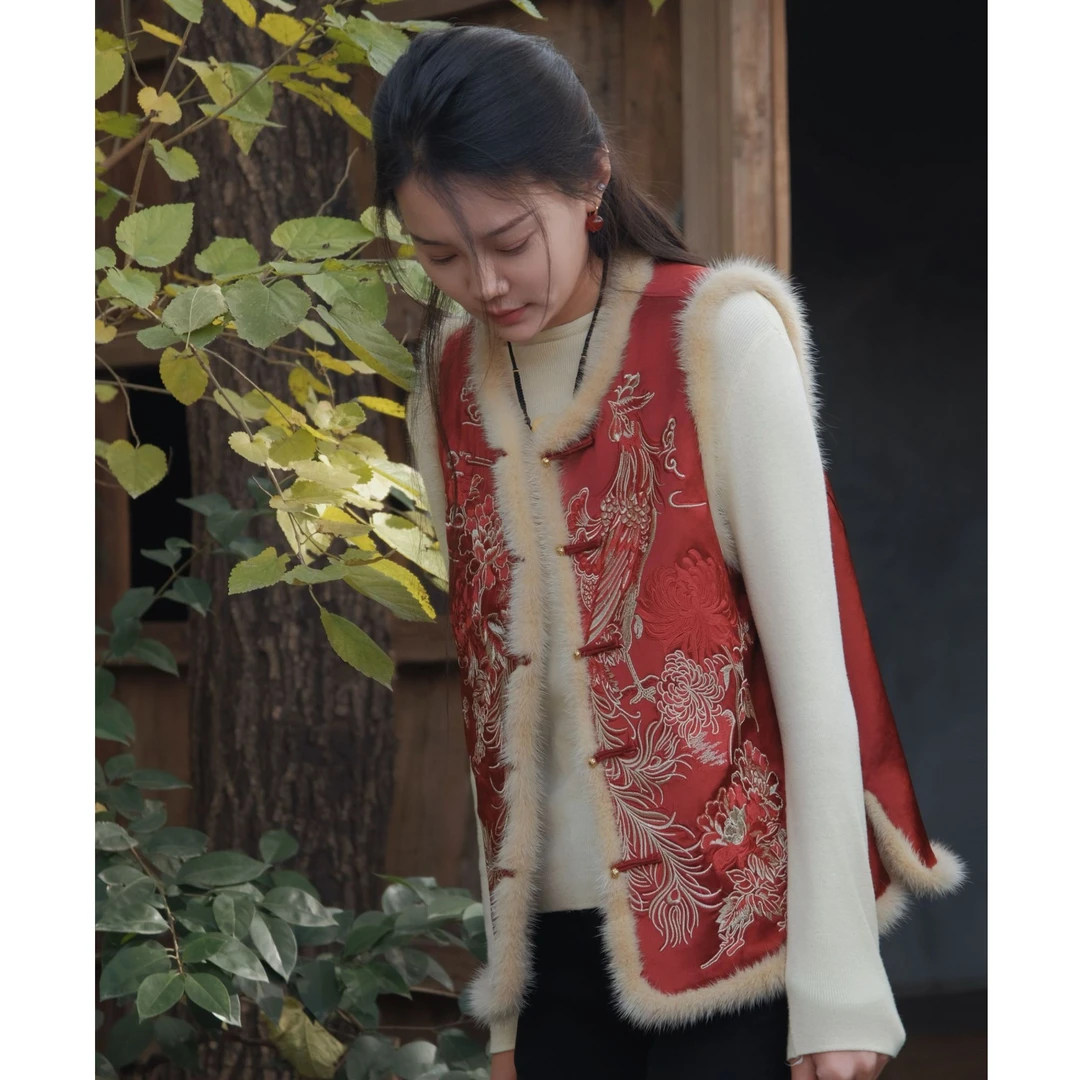 彩彩美学定制【鸿运当头】新中式醋酸刺绣拼接水貂加绒马甲WY-A036