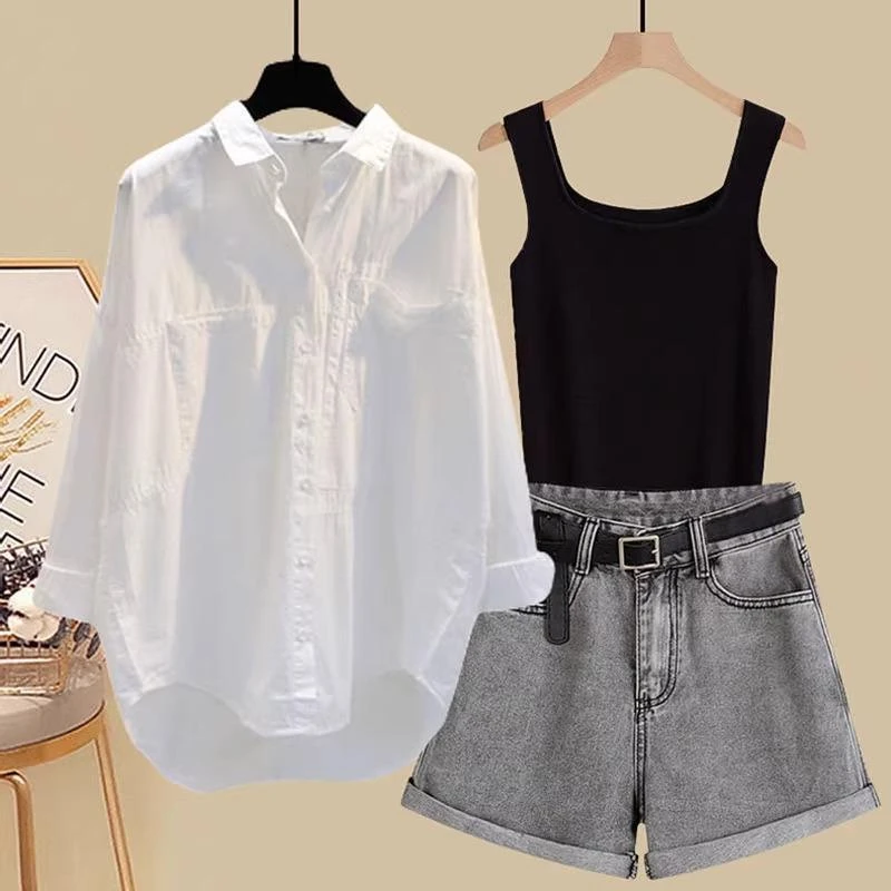 夏日穿搭套装时髦有韵味衬衫遮肉显瘦洋气短裤显气质适合小个子