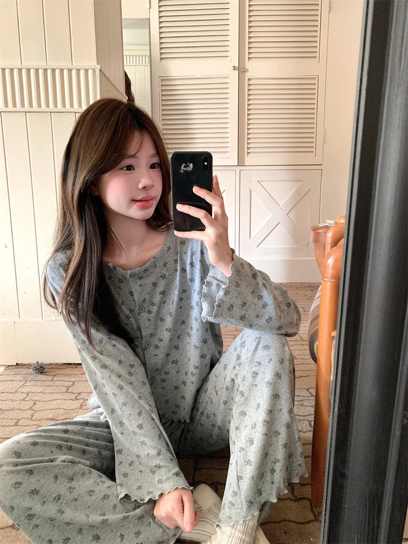 韩系甜美可爱碎花灰色纯棉针织睡衣女套装秋季新款长袖长裤家居服