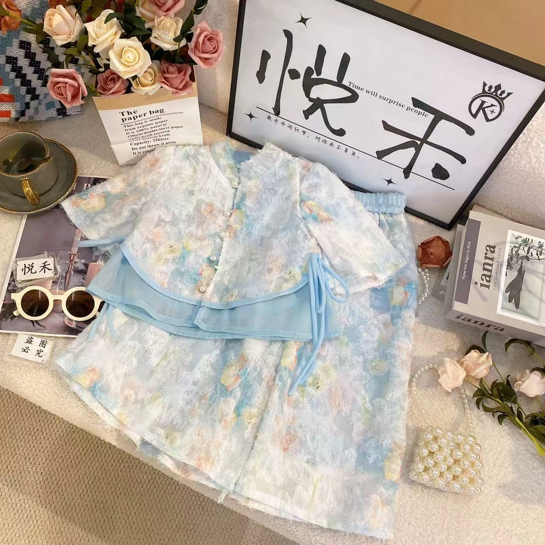 YH女童套装夏季新款女宝蓝色新中式超仙洋气女童套装80121