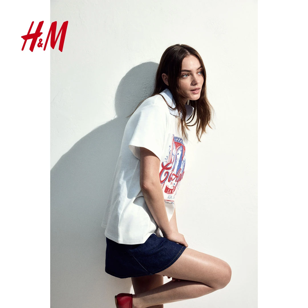 HM2025春季新款女装流光风休闲柔软棉质图案设计短袖T恤1282938