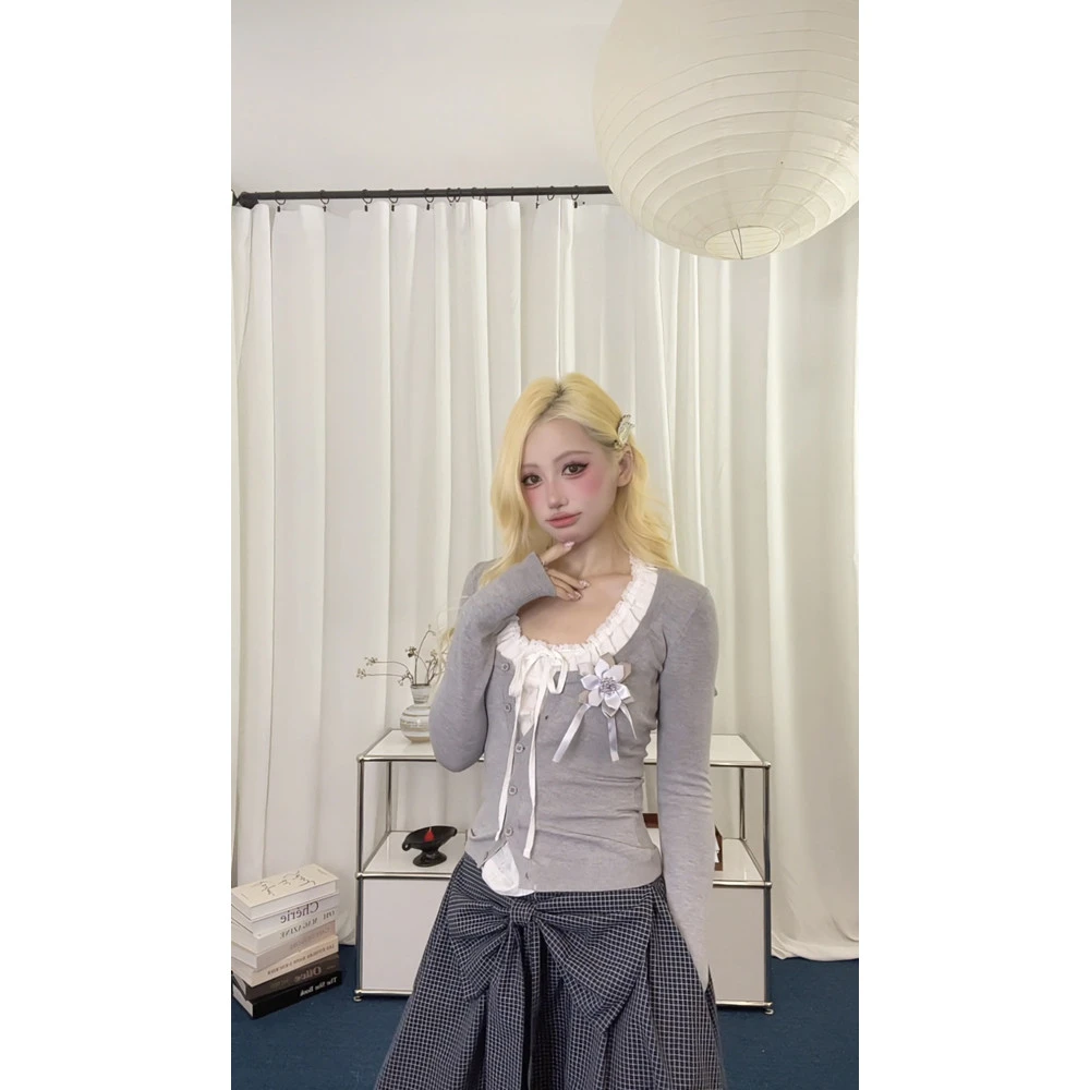 {现货} 针织假两件花边长袖T恤上衣女秋款 显瘦内搭打底百搭韩系