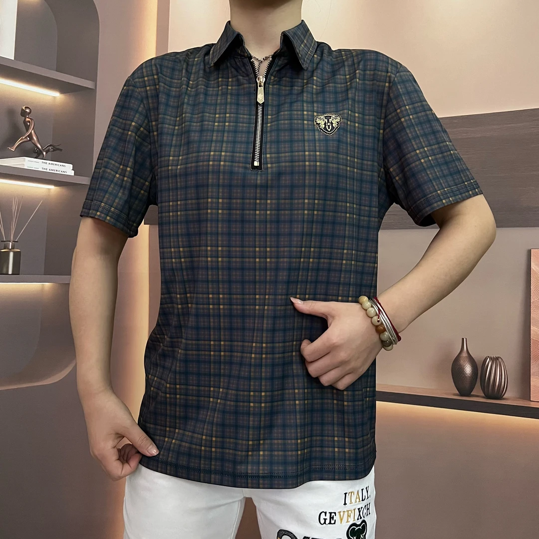 2025夏季男士短袖蓝黄格衫POLO衫半拉链翻领时尚休闲帅气轻奢F297