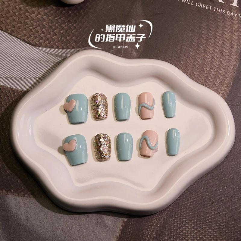 【夏之恋】春夏新款纯手工短款穿戴甲 纯蓝色金亮片奶白色高级感