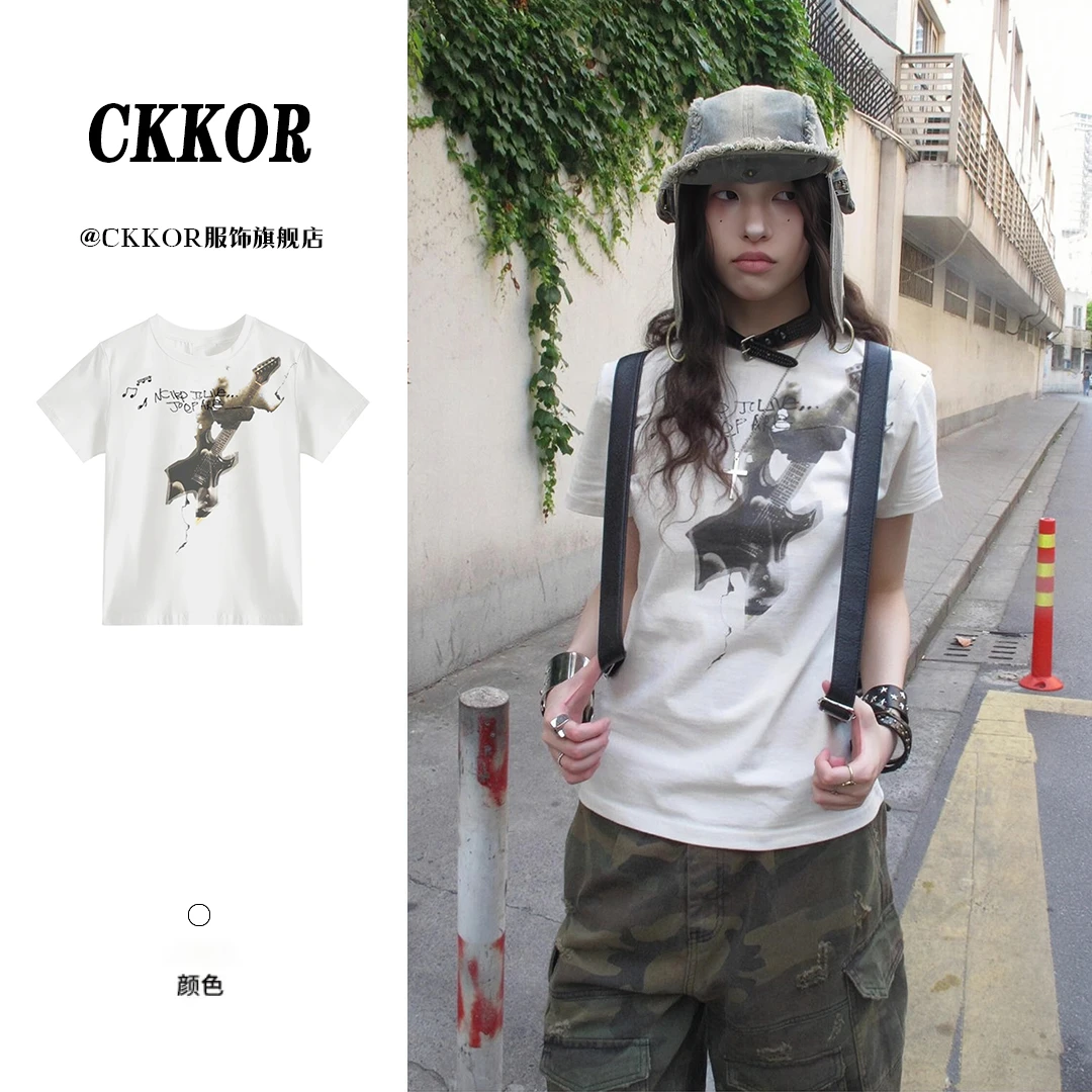 CKKOR辣妹街头风夏季穿搭圆领正肩短袖t恤女美式复古修身显瘦上衣
