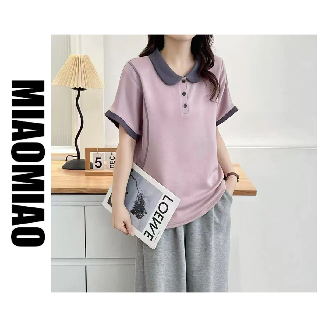 886大码胖mm洋气撞色POLO领休闲短袖T恤女夏季新款遮肉显瘦上衣