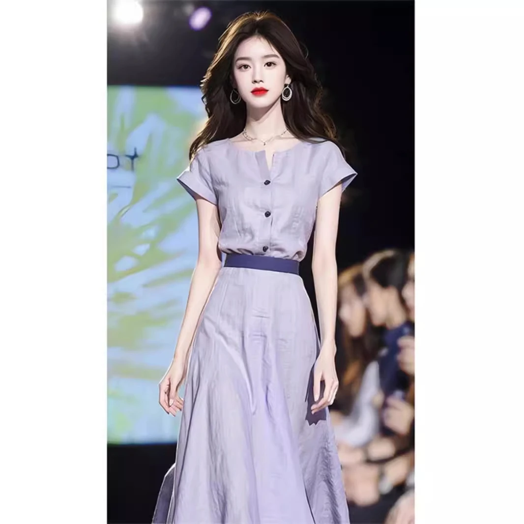 紫色圆领收腰显瘦连衣裙女夏季流行新款韩系减龄小众气质休闲百搭