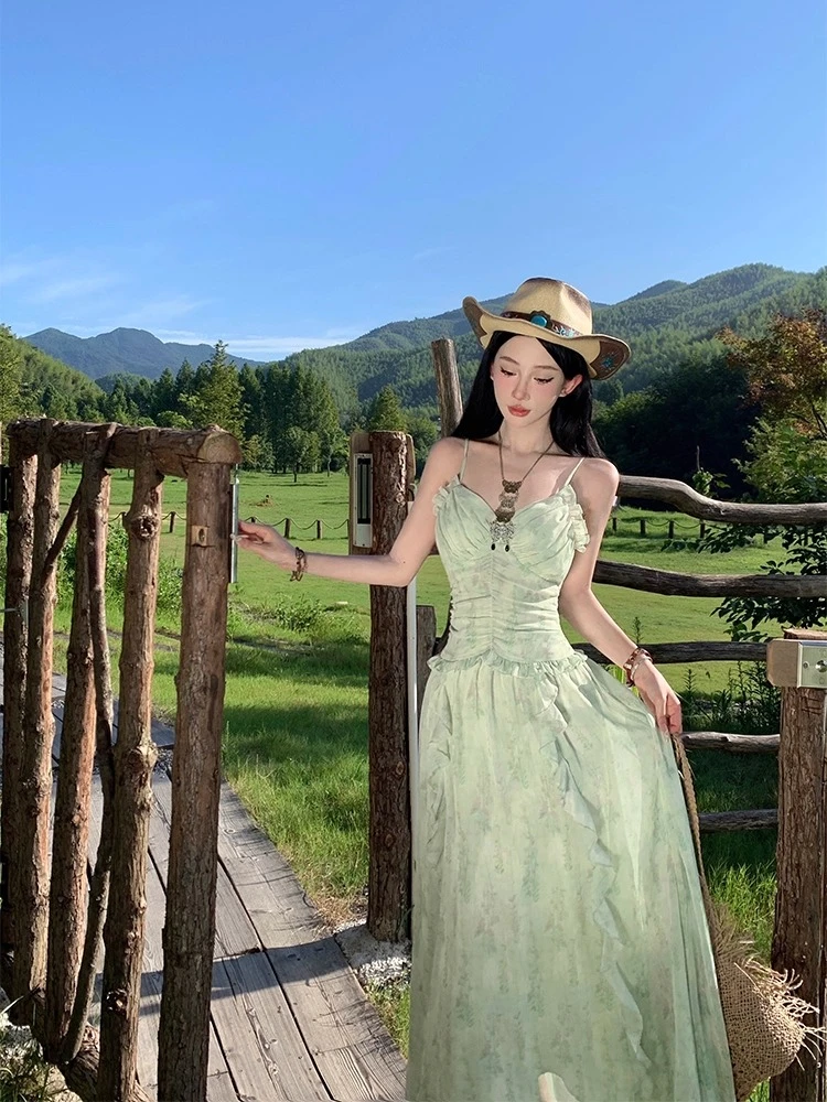 希妮丝 绿野仙踪 夏日出游服饰女装绿色碎花裙吊带裙连衣裙沙滩裙