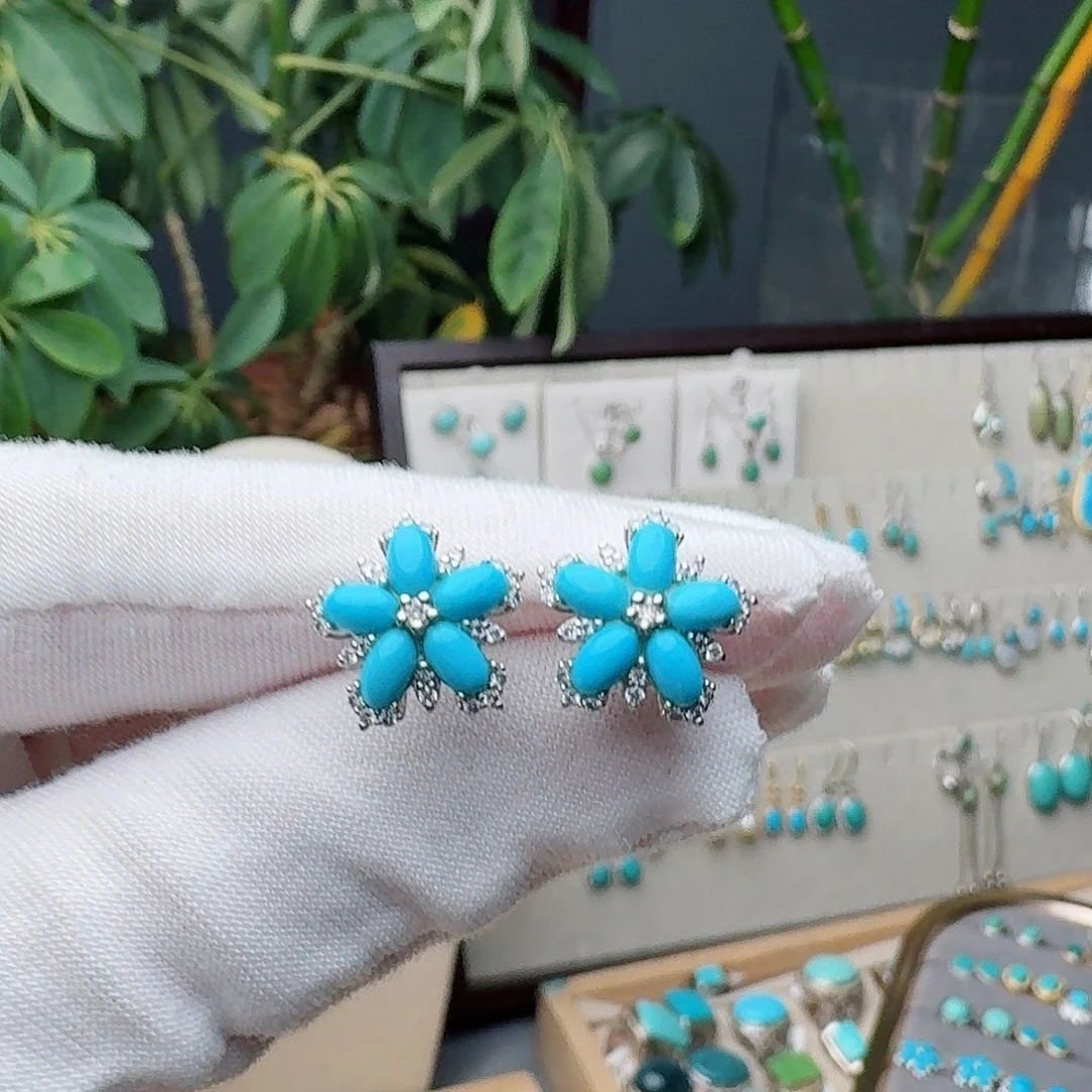 绿松石银S925镶嵌耳饰耳钉