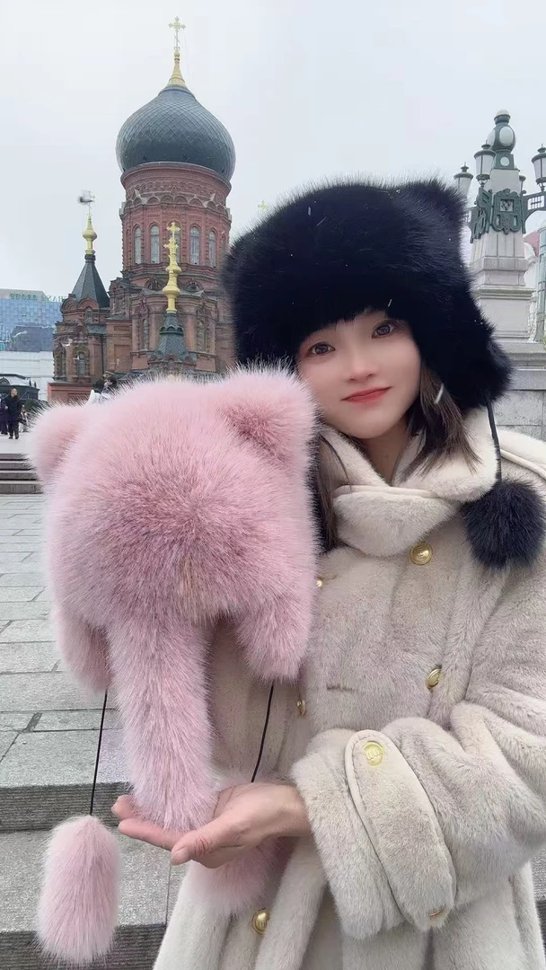 8岁以上男女通款冬季小浣熊皮草尖耳帽网红百搭冬季加厚毛毛帽子