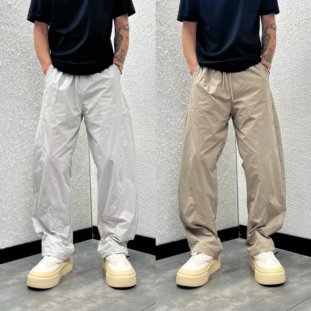 美式潮流宽松透气弯刀裤纯色百搭夏季薄款男士青年痞帅速干休闲裤