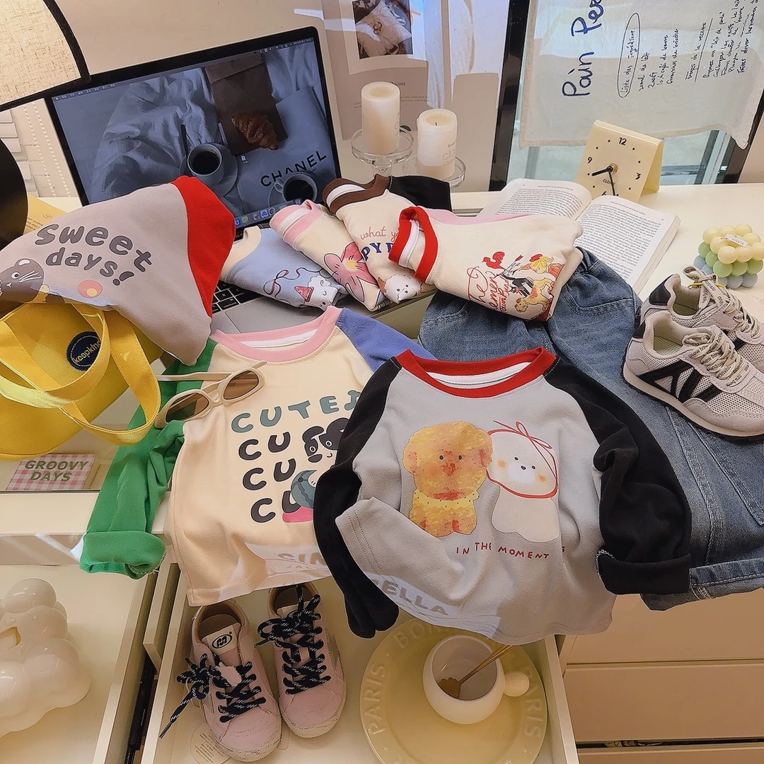秋季儿童卡通T恤2025新款男女童休闲洋气百搭印花拼色长袖打底衫