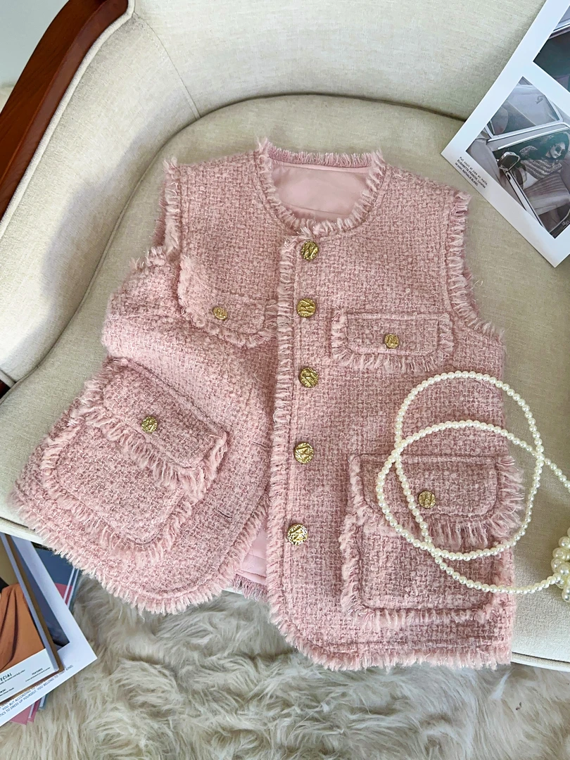欧货粉色流苏小香风马甲款2025新款春秋高级感气质上衣女款B9286