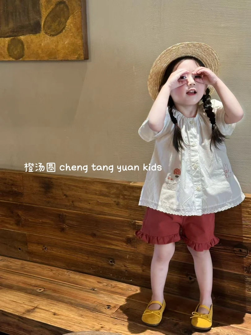 女童套装夏日韩系可爱甜美宝宝夏季薄款卡通纯棉衬衫短裤两件套