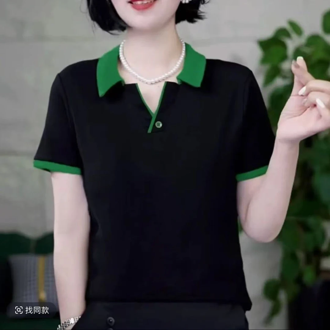 2025夏季新款休闲气质小衫女宽松polo领网红洋气女士短袖显瘦上衣