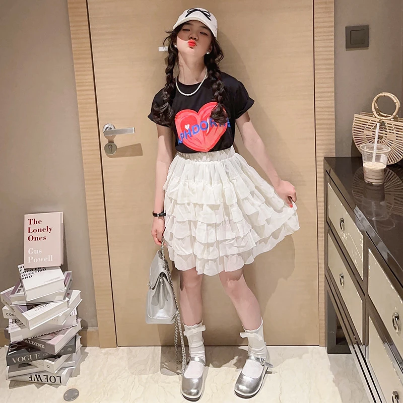 女童蛋糕裙套装夏季中大童甜美短袖T恤衫百搭休闲短裙辣妹两件套