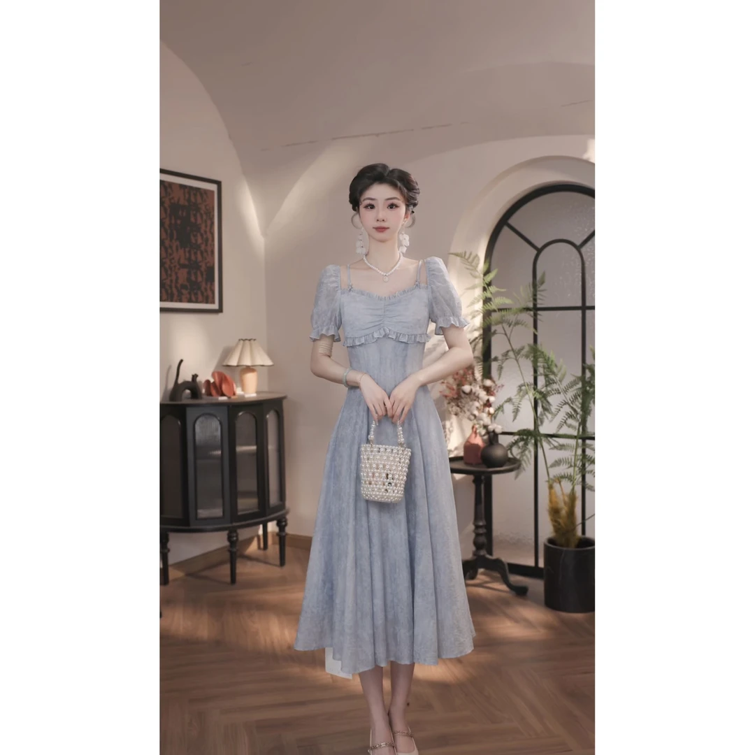【薇宝儿-婷婷】-夏季法式气质轻奢浪漫显瘦收腰连衣裙-53820F