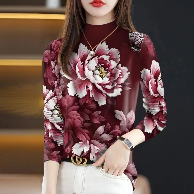 长袖半高领打底女装2025新款春秋季高档时尚印花气质遮肚T恤上衣