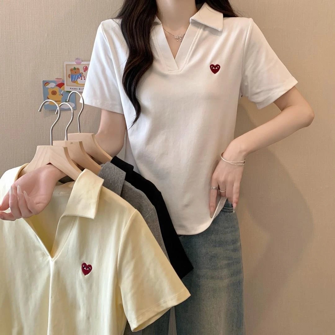 大码韩系polo领正肩短袖t恤女2025新款夏季胖mm显瘦遮肉休闲上衣