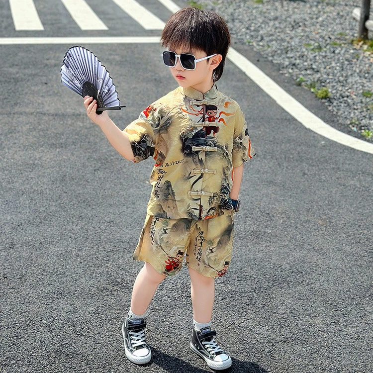 男童新中式国潮汉服套装2025夏季新款唐装宝宝古风短袖衬衫