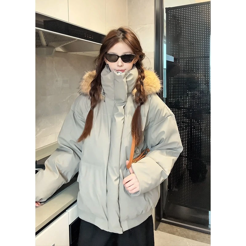 可拆卸毛领pu皮连帽棉衣外套男款冬季美式高街潮牌面包服情侣棉服