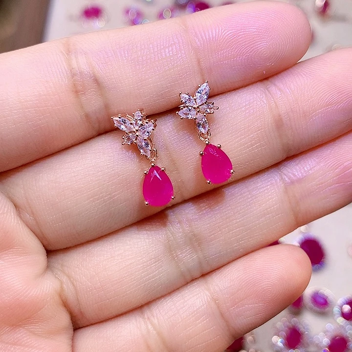 红宝石耳饰银S925镶嵌