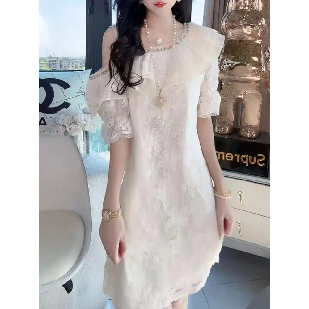 韩版时尚减龄蕾丝斜肩连衣裙2025夏季新款名媛显瘦遮肉A字裙