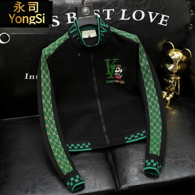 立领撞色刺绣上衣男高级感设计欧货卫衣外套2025春秋新款男装潮流