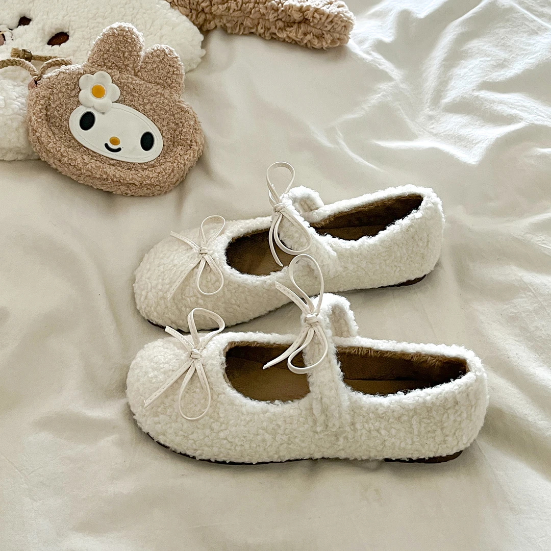 仙女风百搭蝴蝶结加绒保暖毛毛鞋女2025秋冬新款平底玛丽珍二棉鞋