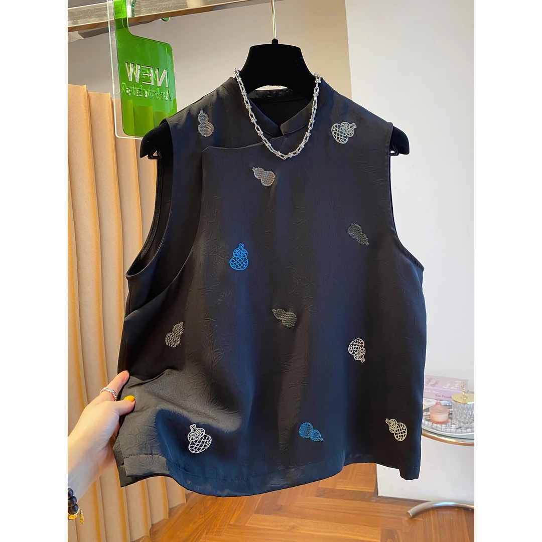 300斤加大码夏季新中式国风刺绣无袖上衣2025宽松立领男背