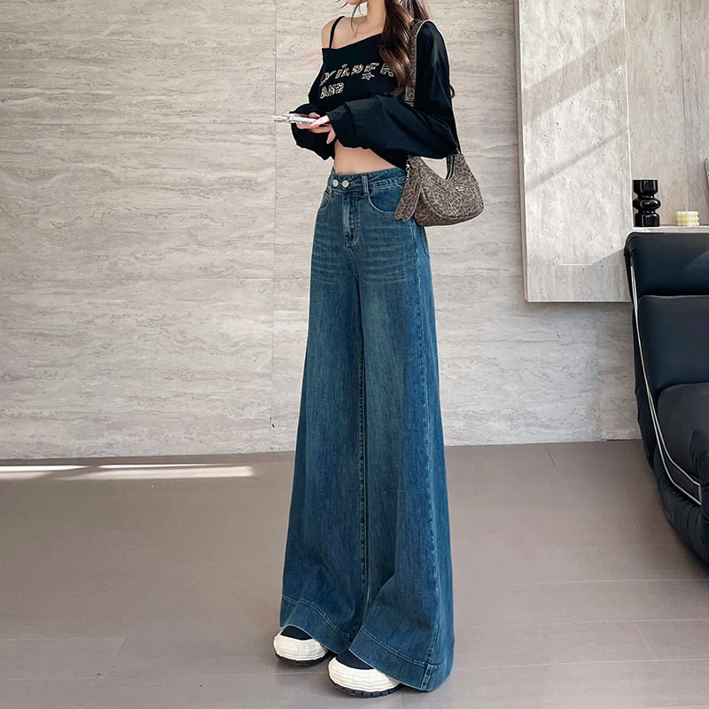 水洗复古蓝阔腿牛仔裤春季2025年新款显瘦爆款宽松潮流时尚喇叭裤