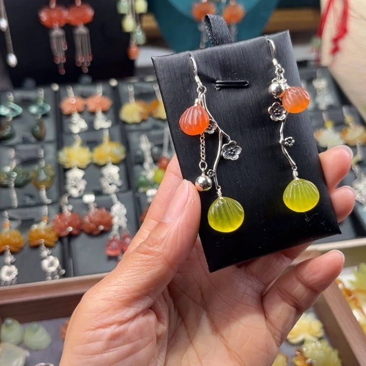 蛇纹石玉耳饰银S925镶嵌