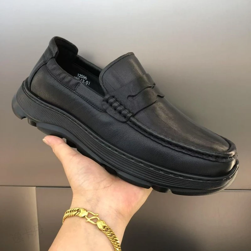 2025秋季新款广州真皮男士休闲豆豆皮鞋  一脚蹬懒人鞋增高男皮鞋