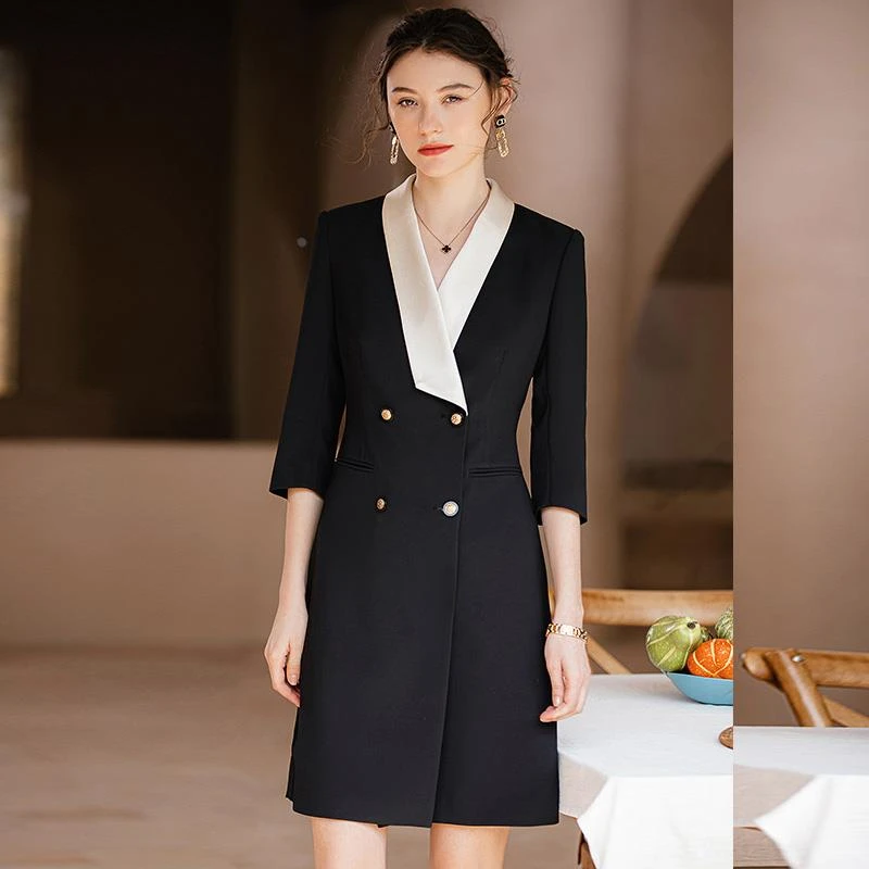 法小曼黑色拼接领缎面连衣裙高级感职业装气质女神范西装裙工作潮