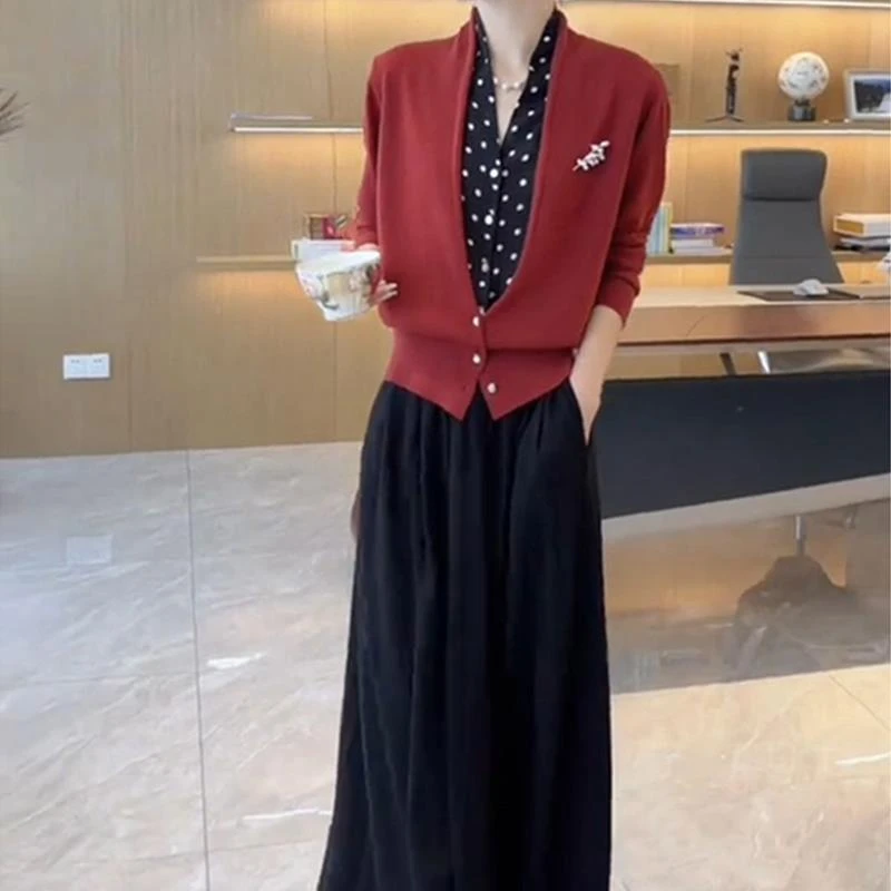 春秋时尚百搭套装假两件波点长袖垂感高腰显瘦半身裙通勤两件套女