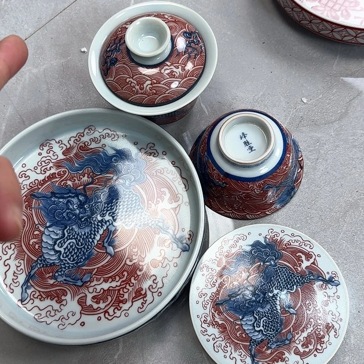 瓷片麒麟踏浪4件套景德镇