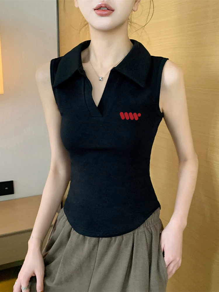 白色百搭砍肩秋季打底修身无袖V领显瘦时尚欧货t恤女翻领夏季上衣