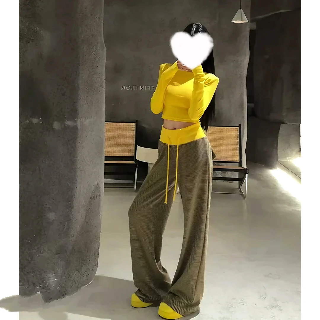 2025春季新款正肩长袖T恤弹力收腰打底衫针织上衣+高腰休闲阔腿裤