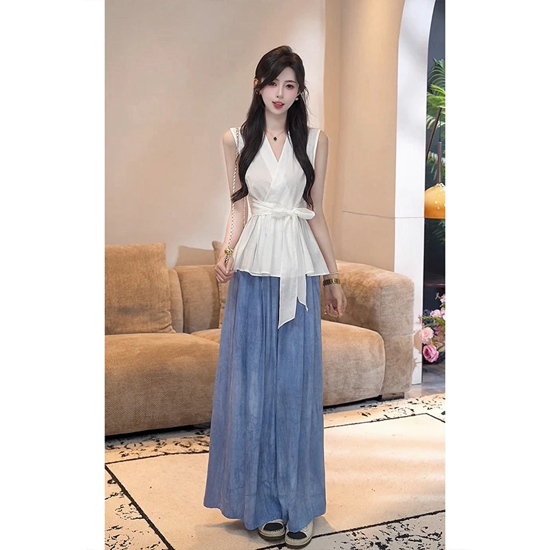 YUANLIANSU/圆脸酥【北栀与海】夏季韩系时尚绑带V领无袖收腰衬衫女